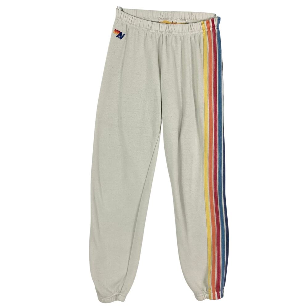 AVIATOR NATION Sweatpants S Cream Rainbow-Stripes Logo-Embroidery Jogger USA - Picture 2 of 14